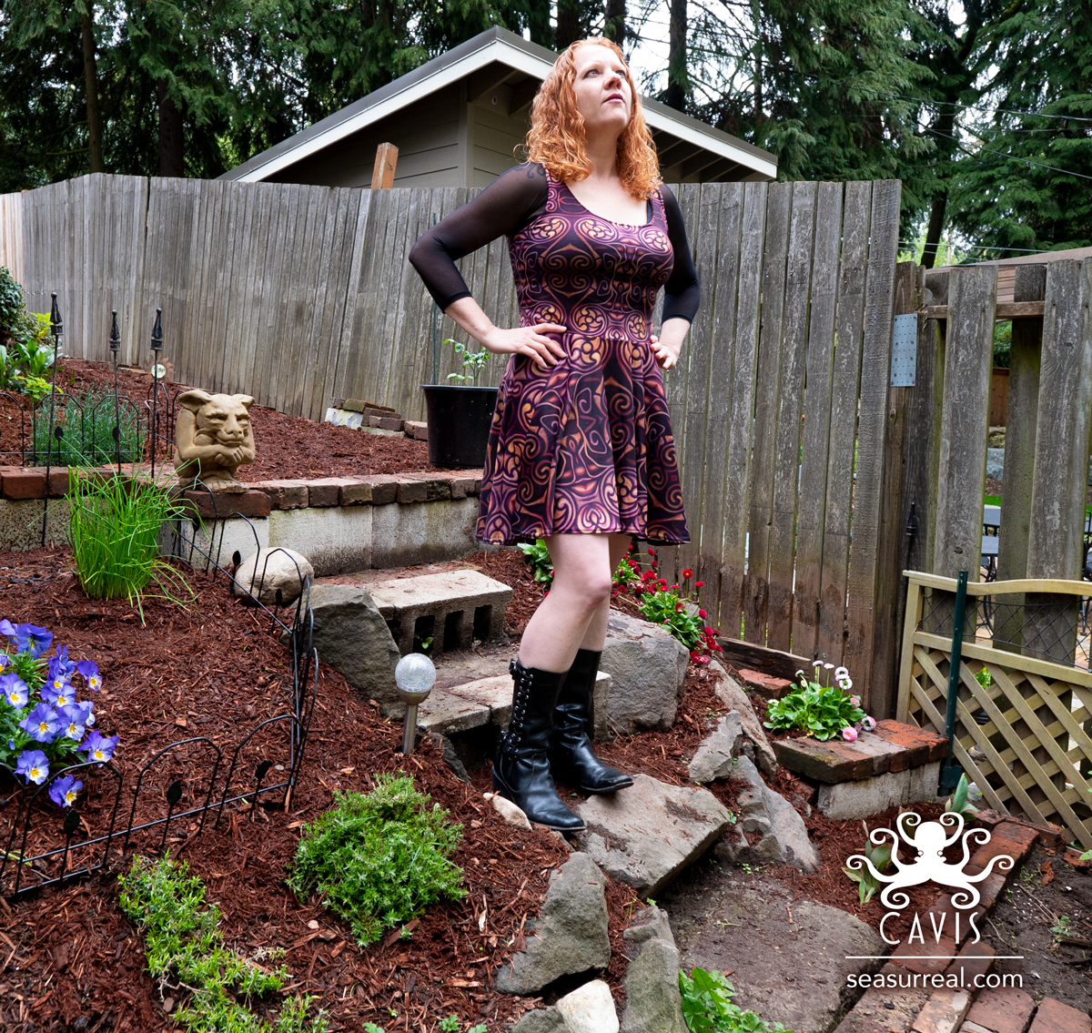 CAVIS Celtic Dragon Skater Style Dress Alternative Burgundy and Gold Pattern Sleeveless Flare Dress - Image 6