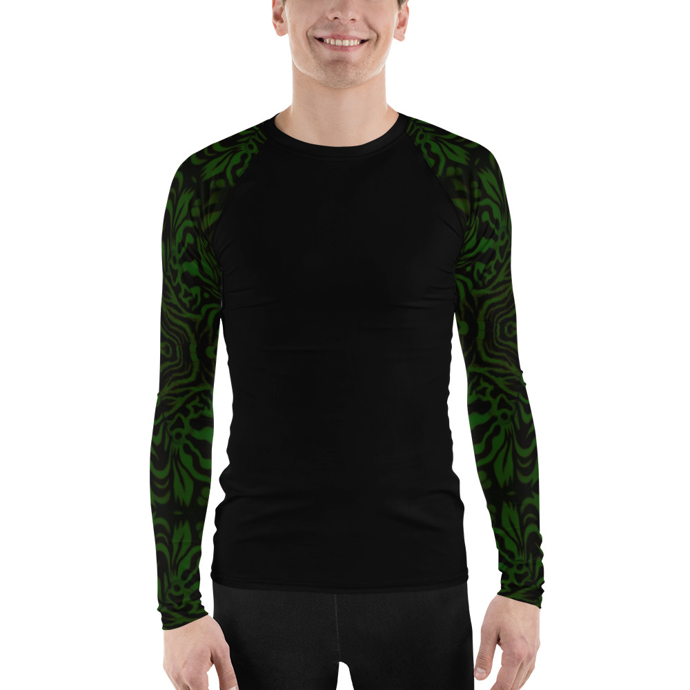 CAVIS Wunderpus Octopus Pattern Sleeve Men’s Rash Guard, Alternative Green and Black Embossed Arm Swim Shirt