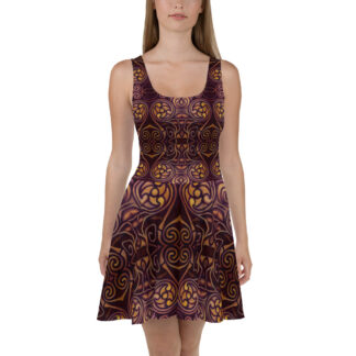 CAVIS Celtic Dragon Flare Dress - Burgundy Pattern Skater Dress - Front
