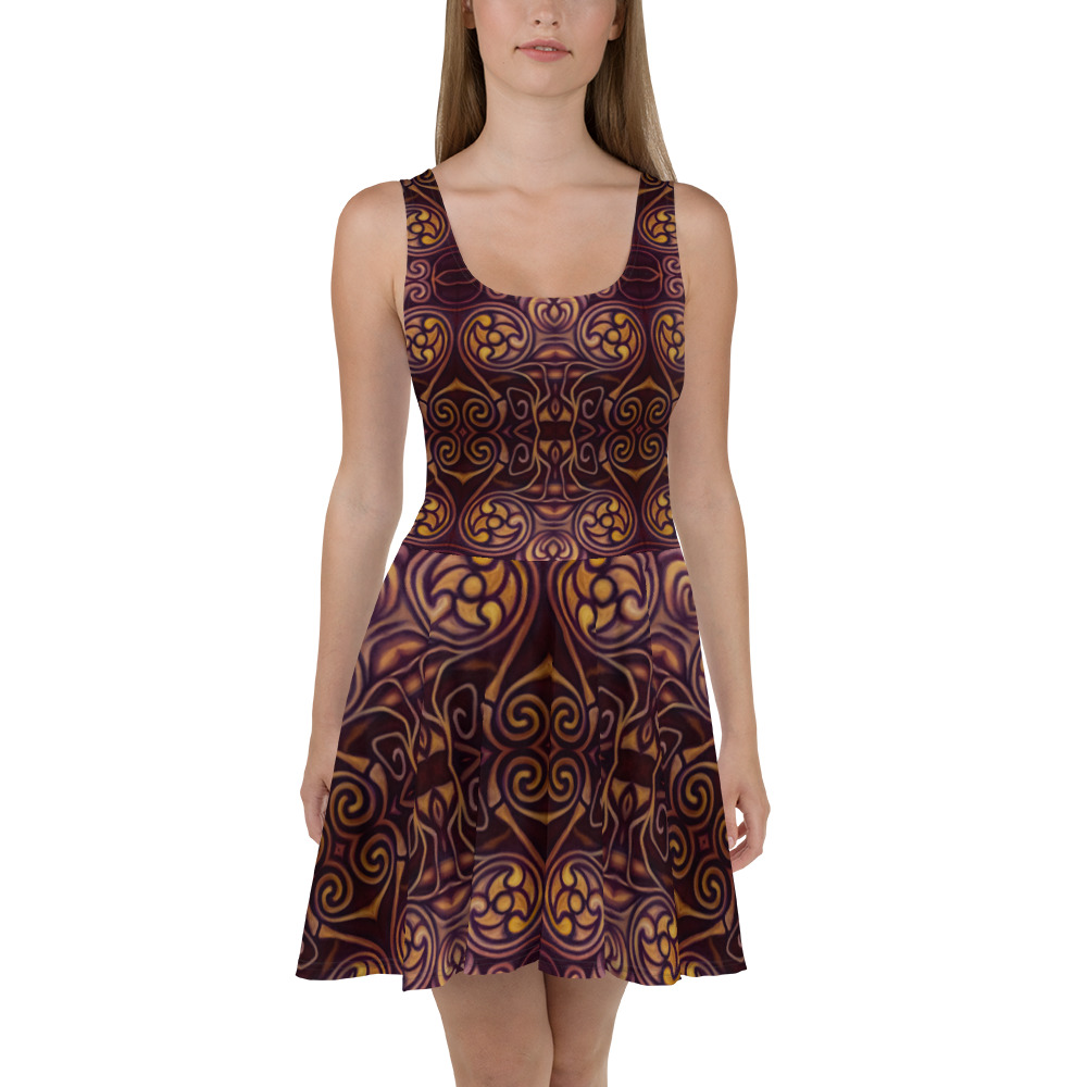 CAVIS Celtic Dragon Flare Dress - Burgundy Pattern Skater Dress - Front