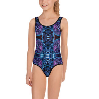 CAVIS Celtic Soul All-Over Print Kids Swimsuit, Alternative Fashion Blue and Purple Unique Pattern Bathing Suit