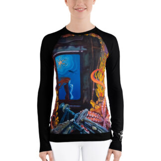 CAVIS Zenobia Women's Rash Guard, Underwater Surreal Painting with Shipwreck and Octopus Swim Shirt