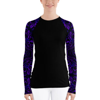 CAVIS Wunderpus Octopus Pattern Sleeve Women’s Rash Guard, Alternative Purple and Black Embossed Arm Swim Shirt