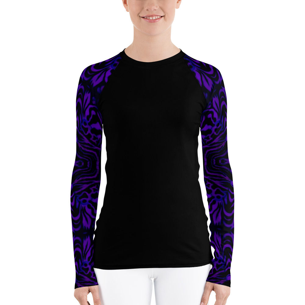 CAVIS Wunderpus Octopus Pattern Sleeve Women’s Rash Guard, Alternative Purple and Black Embossed Arm Swim Shirt