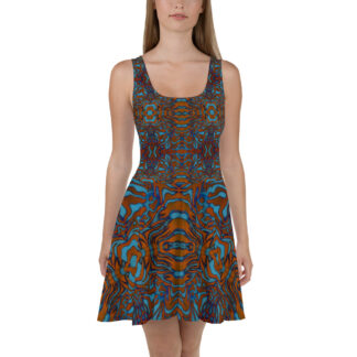 CAVIS Wunderpus Octopus Pattern Skater Style Dress, Alternative Fashion Blue and Orange Embossed Flare Dress