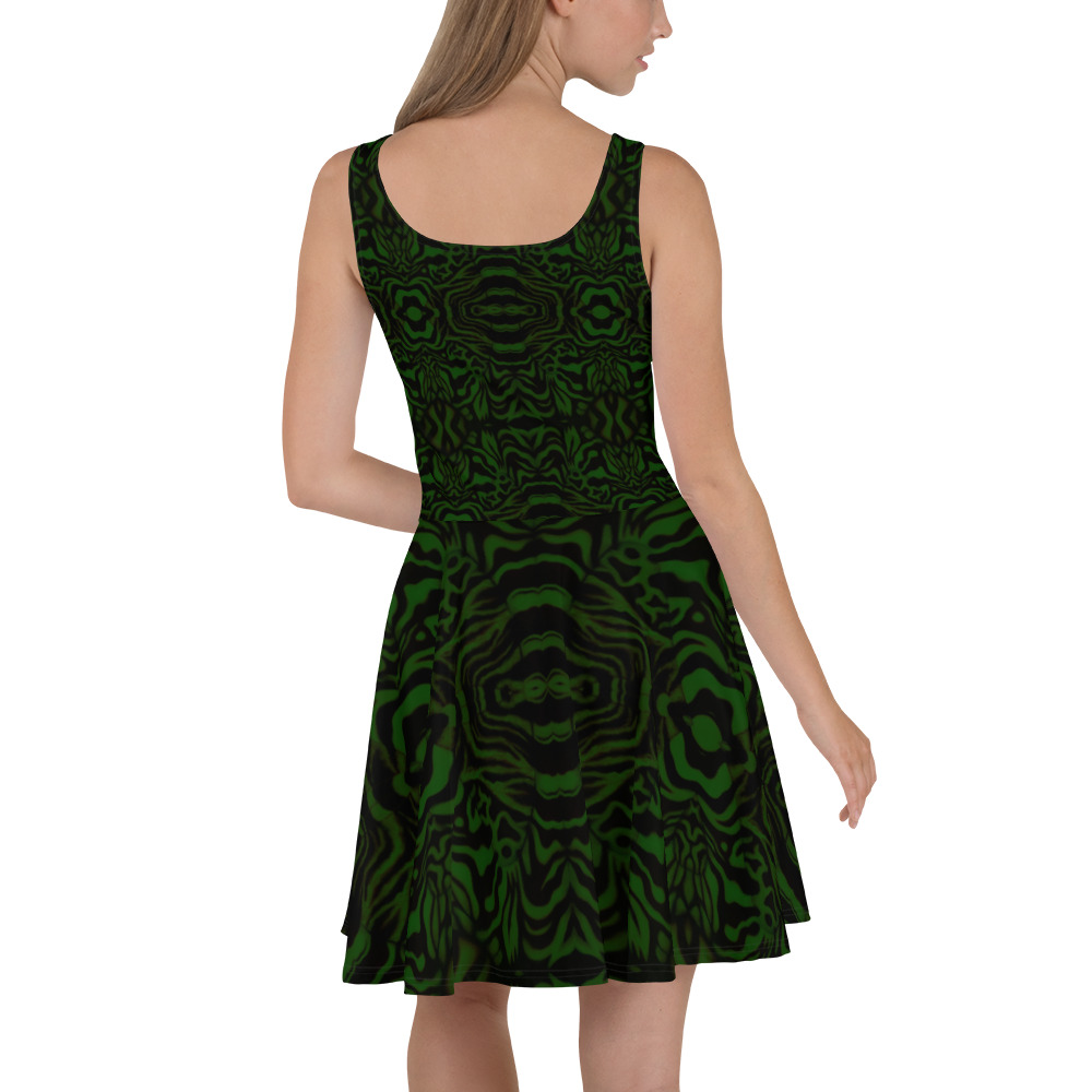 CAVIS Wunderpus Octopus Pattern Skater Style Dress, Alternative Fashion Green and Black Flare Dress - Image 2