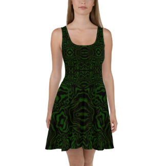 CAVIS Wunderpus Octopus Pattern Skater Style Dress, Alternative Fashion Green and Black Flare Dress
