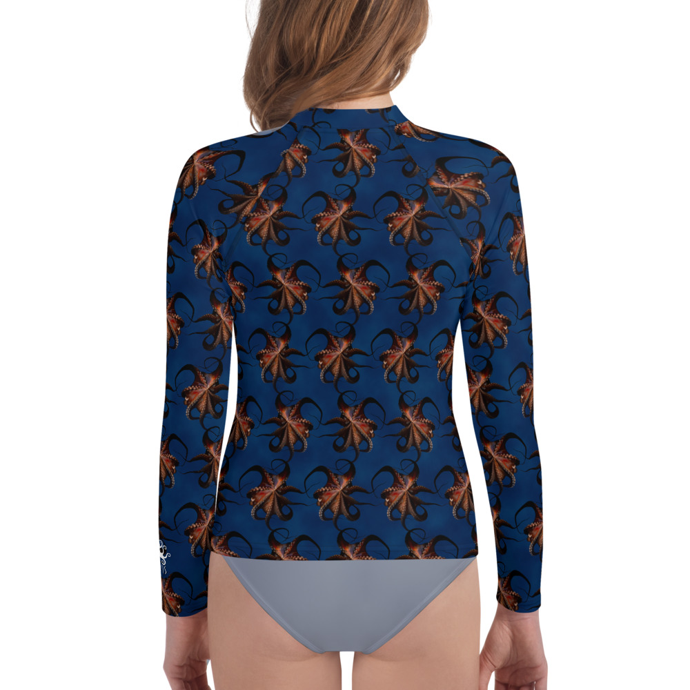 CAVIS Flying Octopus Youth Rash Guard - Dark Blue Swim Shirt - Back