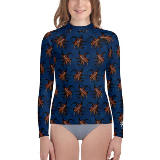CAVIS Flying Octopus Youth Rash Guard - Dark Blue Swim Shirt - Front