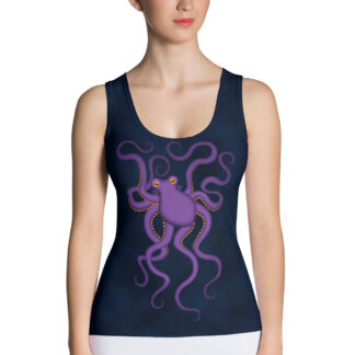 CAVIS Purple Octopus Fitted Tank Top, Fun Sea Life Art Sleeveless Shirt