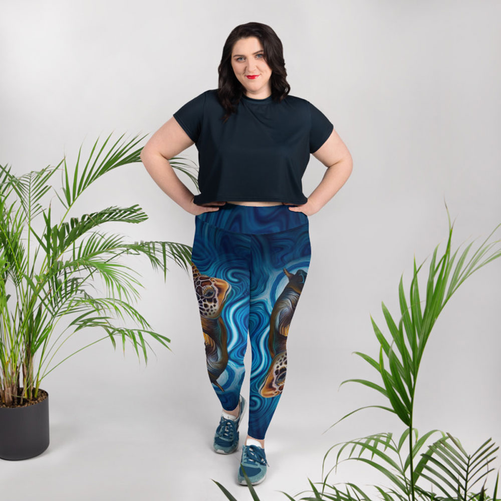 CAVIS Sea Turtle Women's High Waist Plus Size Leggings - Blue Dive Skin - Lifestyle 1 - Front