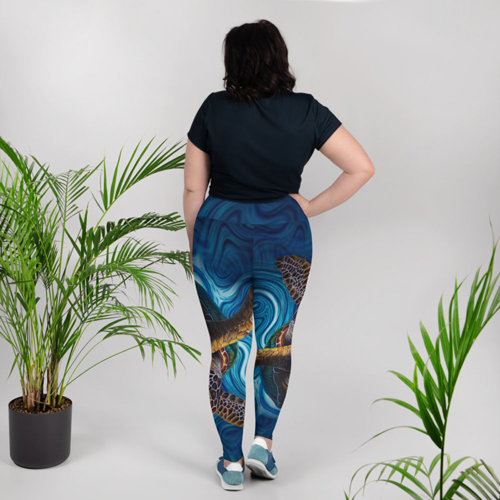 CAVIS Sea Turtle Women's High Waist Plus Size Leggings - Blue Dive Skin - Lifestyle 1 - Back