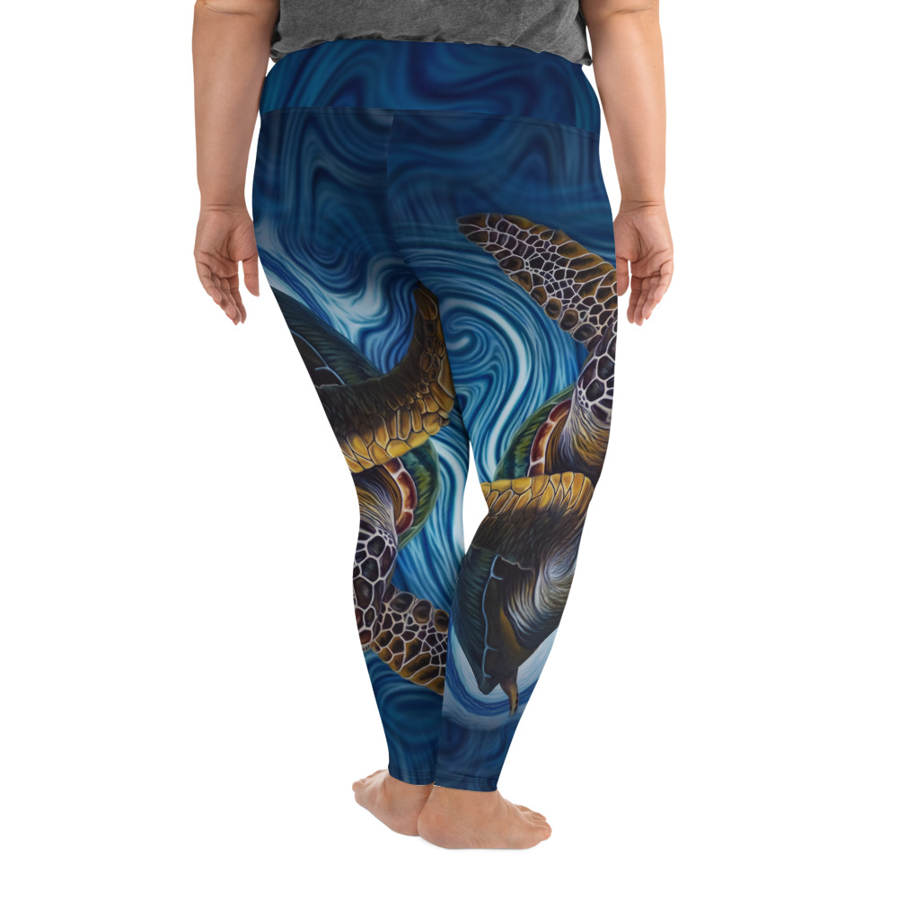 CAVIS Sea Turtle Women's High Waist Plus Size Leggings - Blue Dive Skin - Back