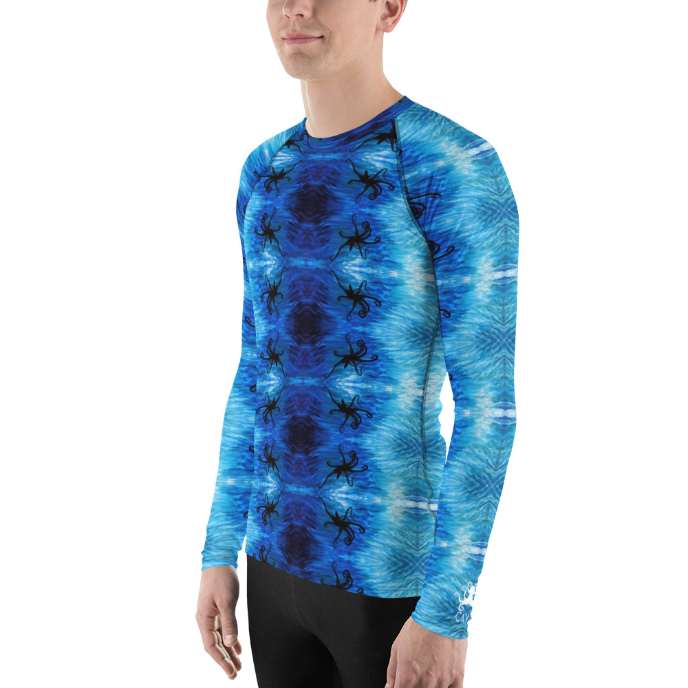 CAVIS Blue Ocean Octopus Pattern Rash Guard - Men's Bright Blue Swim Shirt - Left