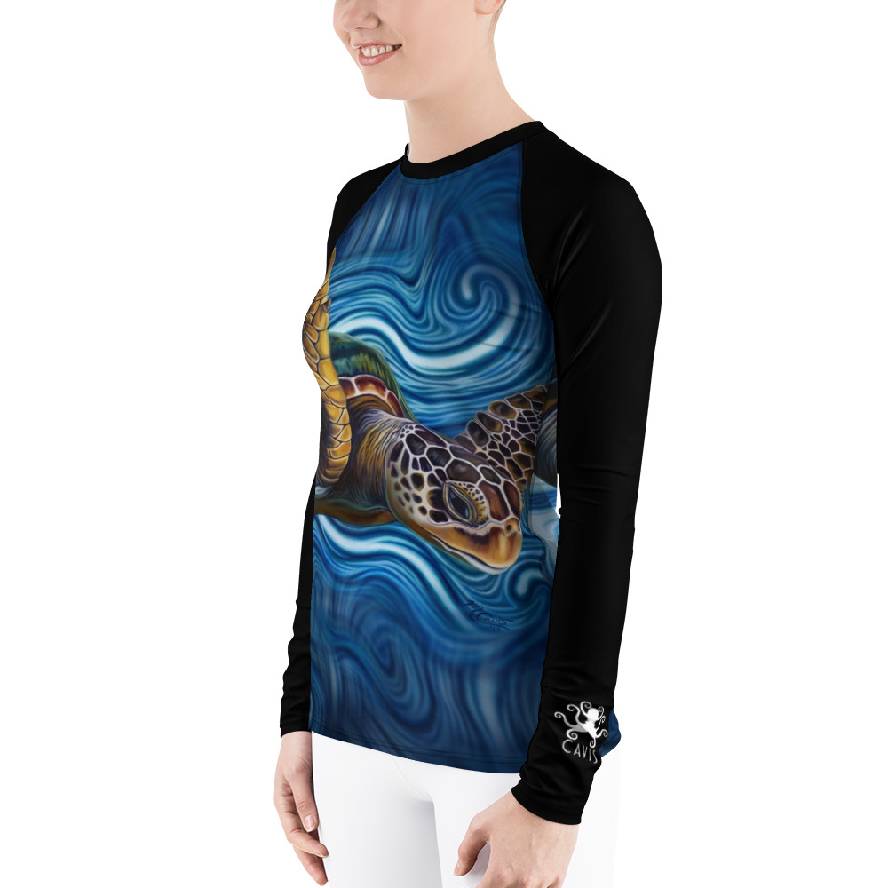 CAVIS Sea Turtle Women's Rash Guard - Blue Dive Skin - Left