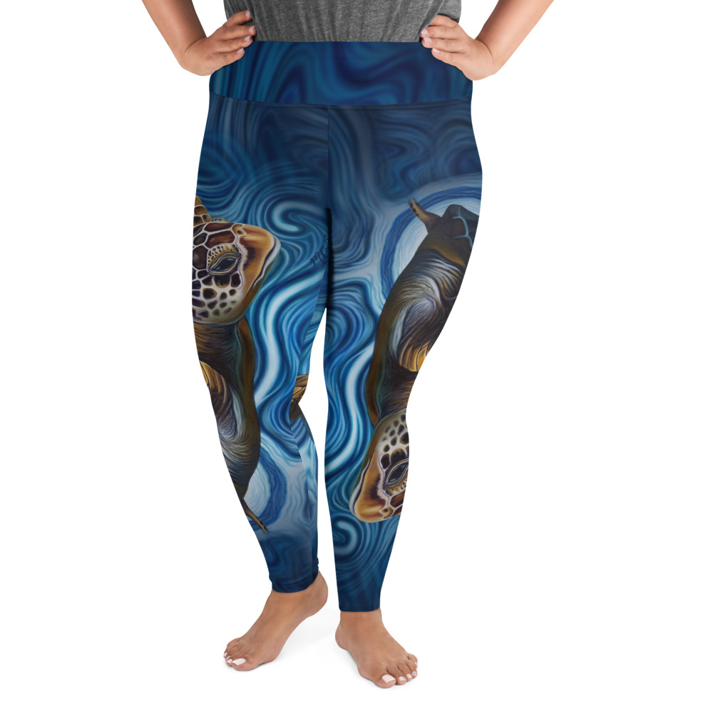 CAVIS Sea Turtle Women's High Waist Plus Size Leggings - Blue Dive Skin - Front