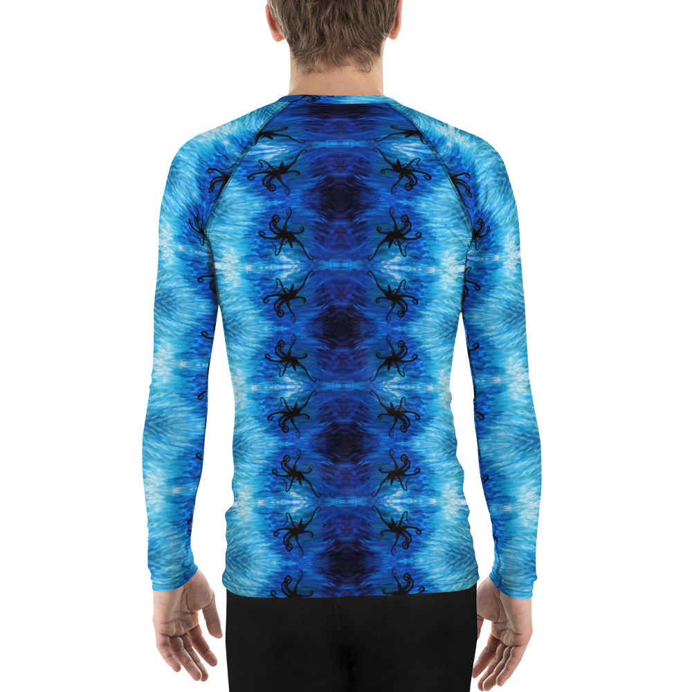CAVIS Blue Ocean Octopus Pattern Rash Guard - Men's Bright Blue Swim Shirt - Back
