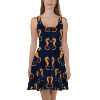 CAVIS Seahorse Pattern Skater Dress, Sea Life Ocean Animal Flare Dress