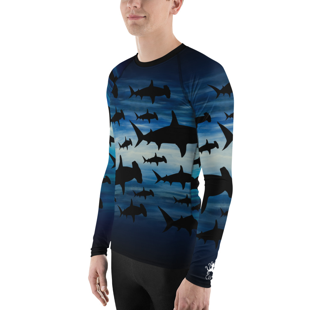 CAVIS a Shark Pattern Hammerhead Men's Rash Guard, Sea Life Dive Skin Swim Shirt - Image 3