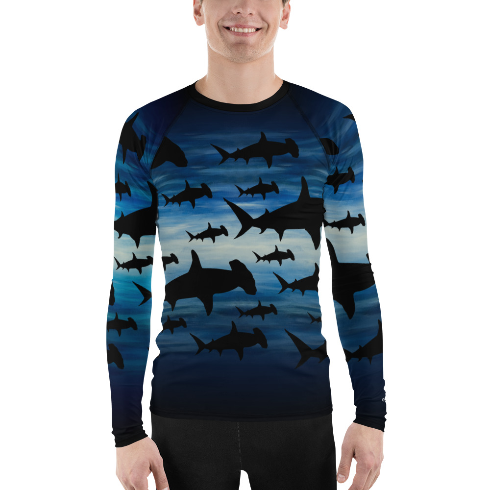 CAVIS a Shark Pattern Hammerhead Men's Rash Guard, Sea Life Dive Skin Swim Shirt