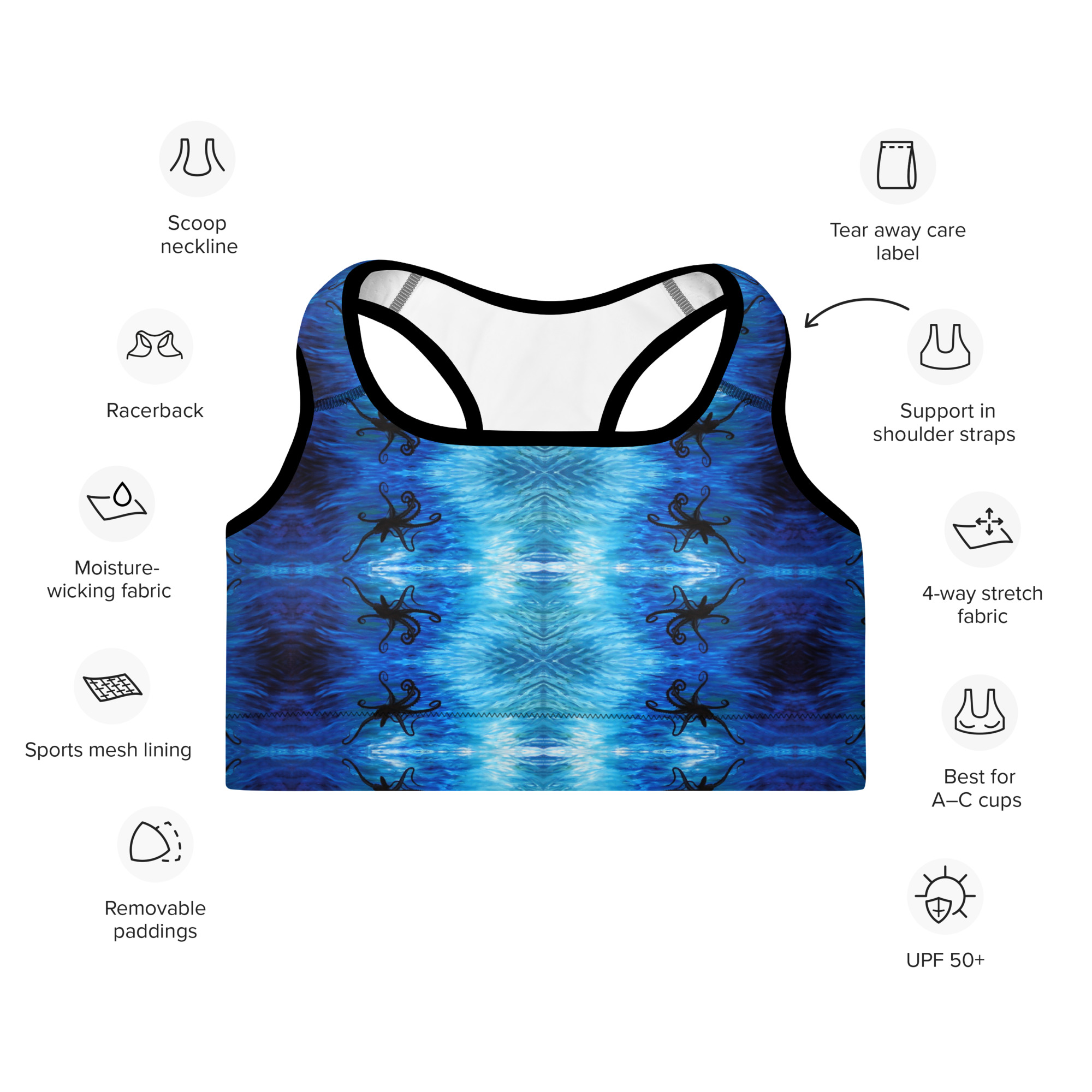 Cavis Blue Ocean Octopus Pattern Padded Sports Bra