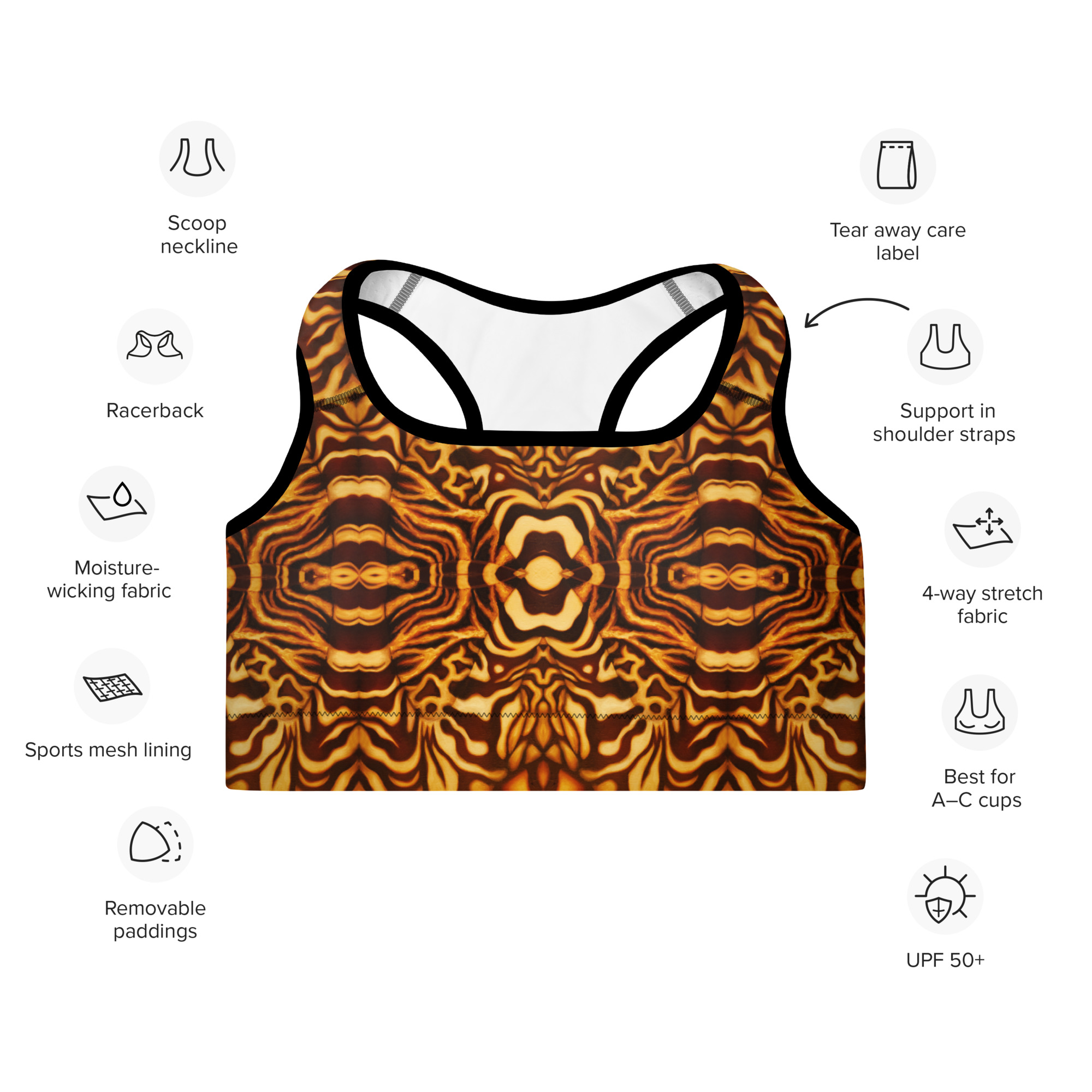CAVIS Wunderpus Pattern Padded Sports Bra, Yellow Orange Alternative Swimsuit, Athletic or Dance Top - Image 15