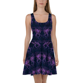 CAVIS Purple Octopus Pattern Flare Dress - Dark Blue Skater Style - Front