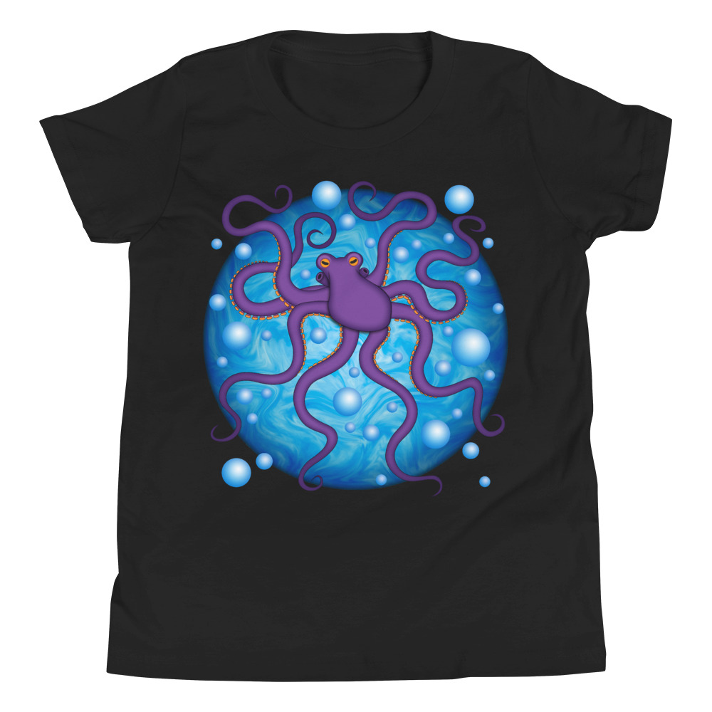 CAVIS Purple Octopus Bubbles Youth Short Sleeve T-Shirt, Fun Cartoon Sea Life Shirt - Image 2