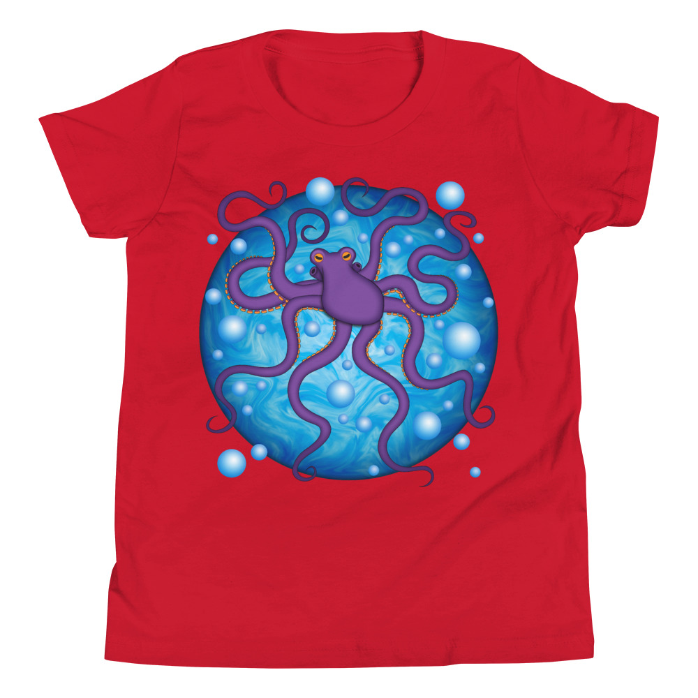 CAVIS Purple Octopus Bubbles Youth Short Sleeve T-Shirt, Fun Cartoon Sea Life Shirt - Image 6