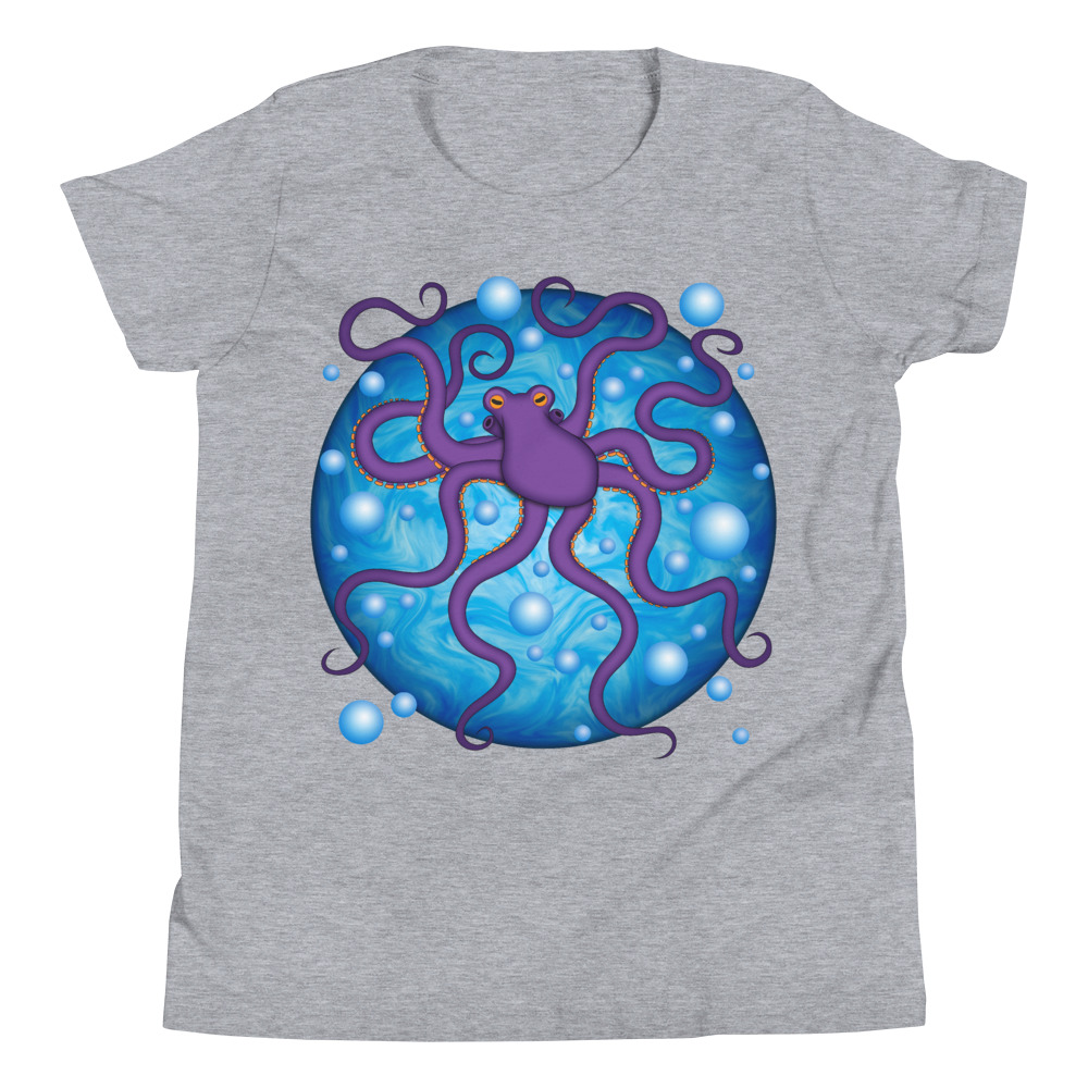CAVIS Purple Octopus Bubbles Youth Short Sleeve T-Shirt, Fun Cartoon Sea Life Shirt
