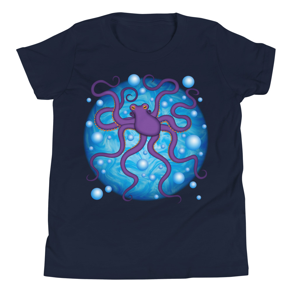 CAVIS Purple Octopus Bubbles Youth Short Sleeve T-Shirt, Fun Cartoon Sea Life Shirt - Image 4