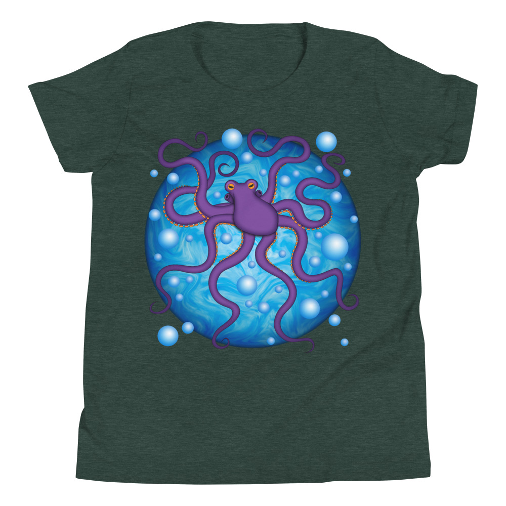 CAVIS Purple Octopus Bubbles Youth Short Sleeve T-Shirt, Fun Cartoon Sea Life Shirt - Image 3
