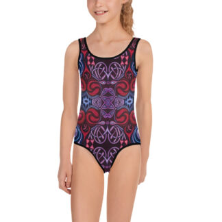 CAVIS Celtic Heart Kids Swimsuit - Unique Alternative Red Blue Pattern Girls Swimwear - Front