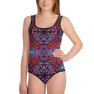 CAVIS Celtic Heart Youth Swimsuit - Unique Alternative Red Blue Pattern Girls Swimwear - Front