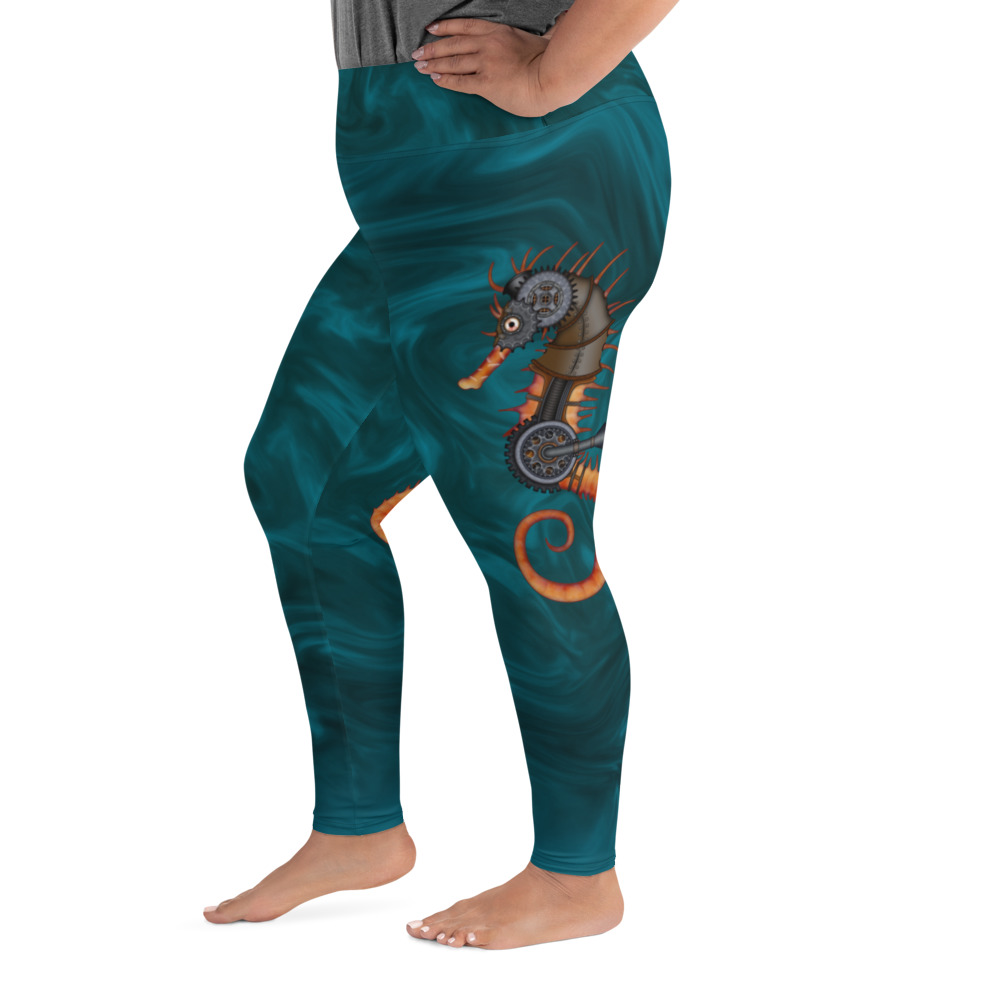 CAVIS a Steampunk Seahorse Plus Size Leggings, Sea Life Dive Skin Yoga Pants - Image 5