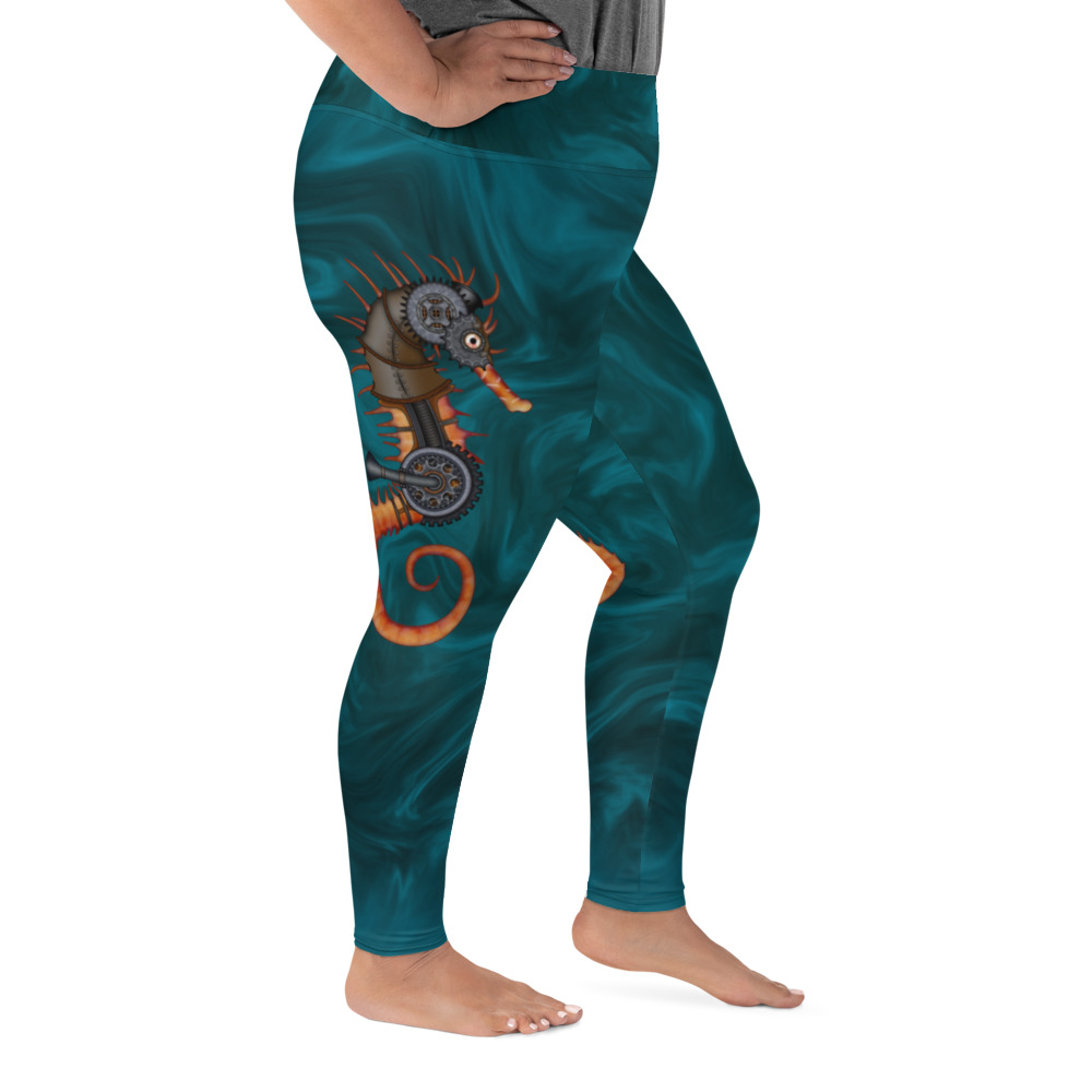 CAVIS a Steampunk Seahorse Plus Size Leggings, Sea Life Dive Skin Yoga Pants - Image 4