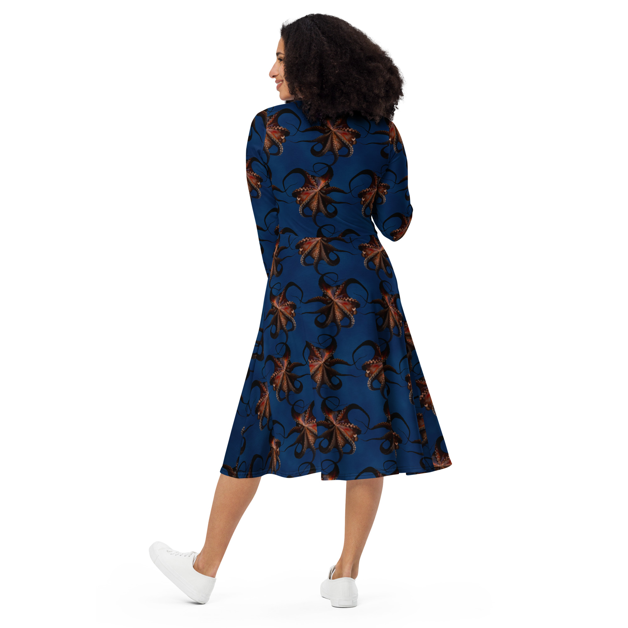 CAVIS Flying Octopus Midi Style Dress, Sea Life Marine Animal Long Sleeve Dress - Image 3