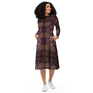 CAVIS Celtic Dragon Midi Style Dress, Alternative Unique Long Sleeve Dress