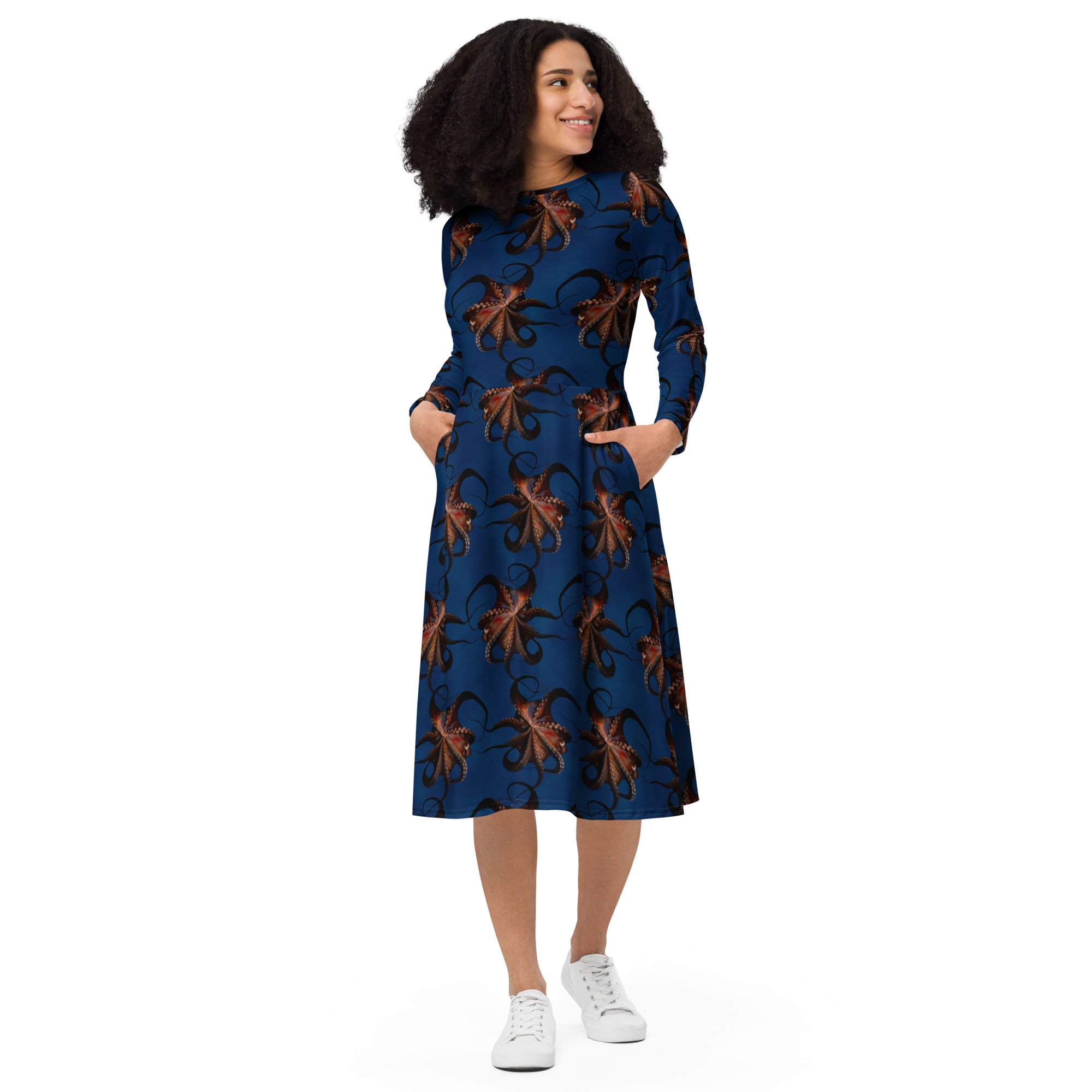CAVIS Flying Octopus Midi Style Dress, Sea Life Marine Animal Long Sleeve Dress - Image 2