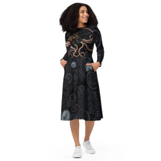 CAVIS Steampunk Octopus Midi Style Dress, Alternative Sea Life Animal Long Sleeve Dress