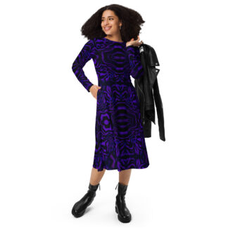 CAVIS Wunderpus Pattern Midi Style Dress, Alternative Dark Purple Unique Long Sleeve Dress