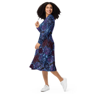CAVIS Celtic Soul Midi Style Dress, Alternative Blue and Purple Unique Long Sleeve Dress
