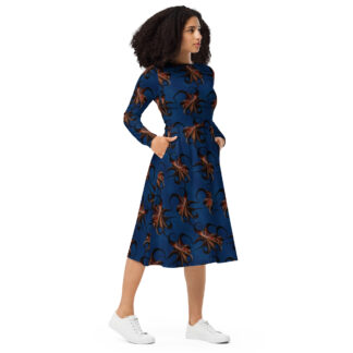 CAVIS Flying Octopus Midi Style Dress, Sea Life Marine Animal Long Sleeve Dress
