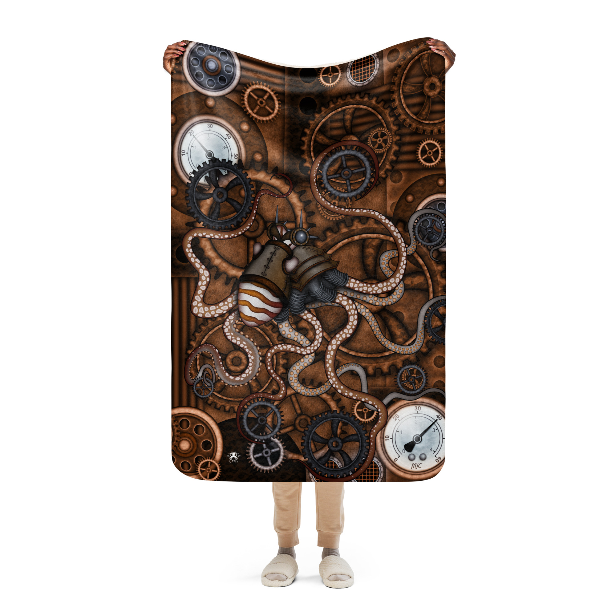 CAVIS a Steampunk Octopus (Copper) Sherpa blanket, Sea Life patterned Linens - Image 6