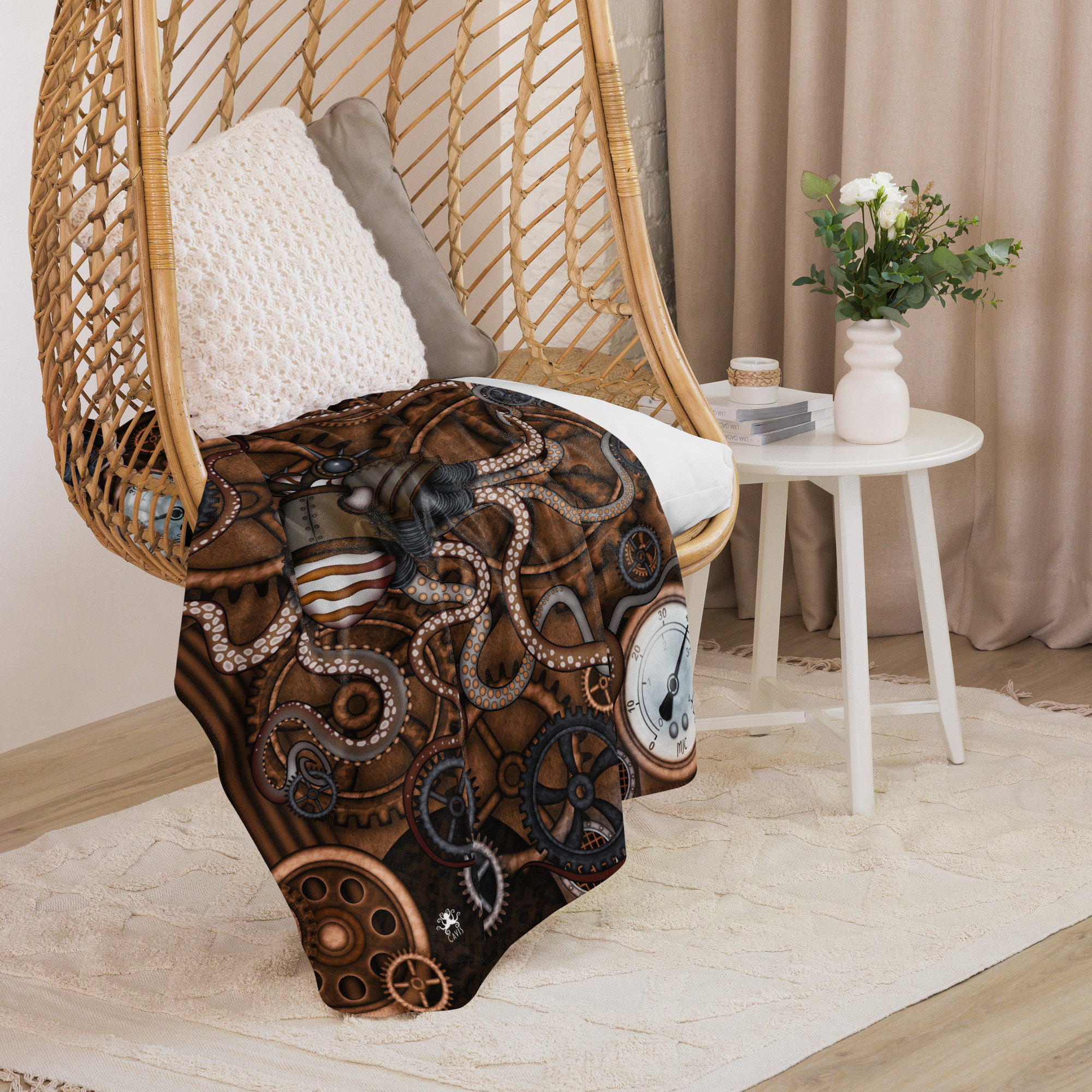 CAVIS a Steampunk Octopus (Copper) Sherpa blanket, Sea Life patterned Linens - Image 7