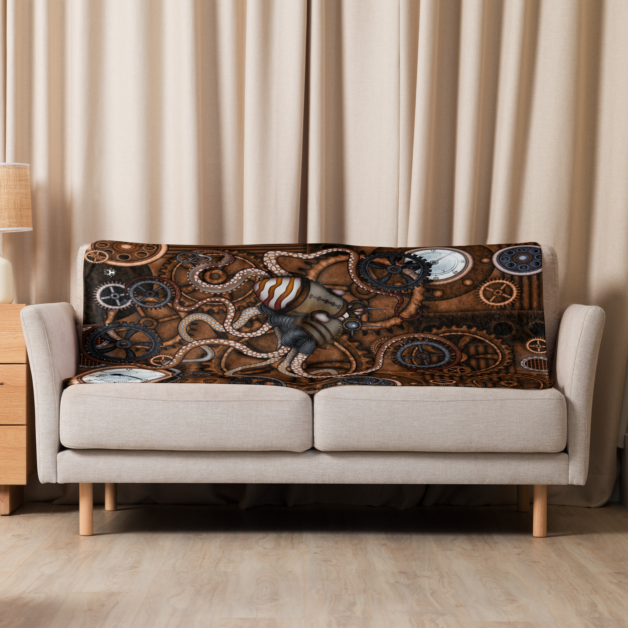 CAVIS a Steampunk Octopus (Copper) Sherpa blanket, Sea Life patterned Linens - Image 10
