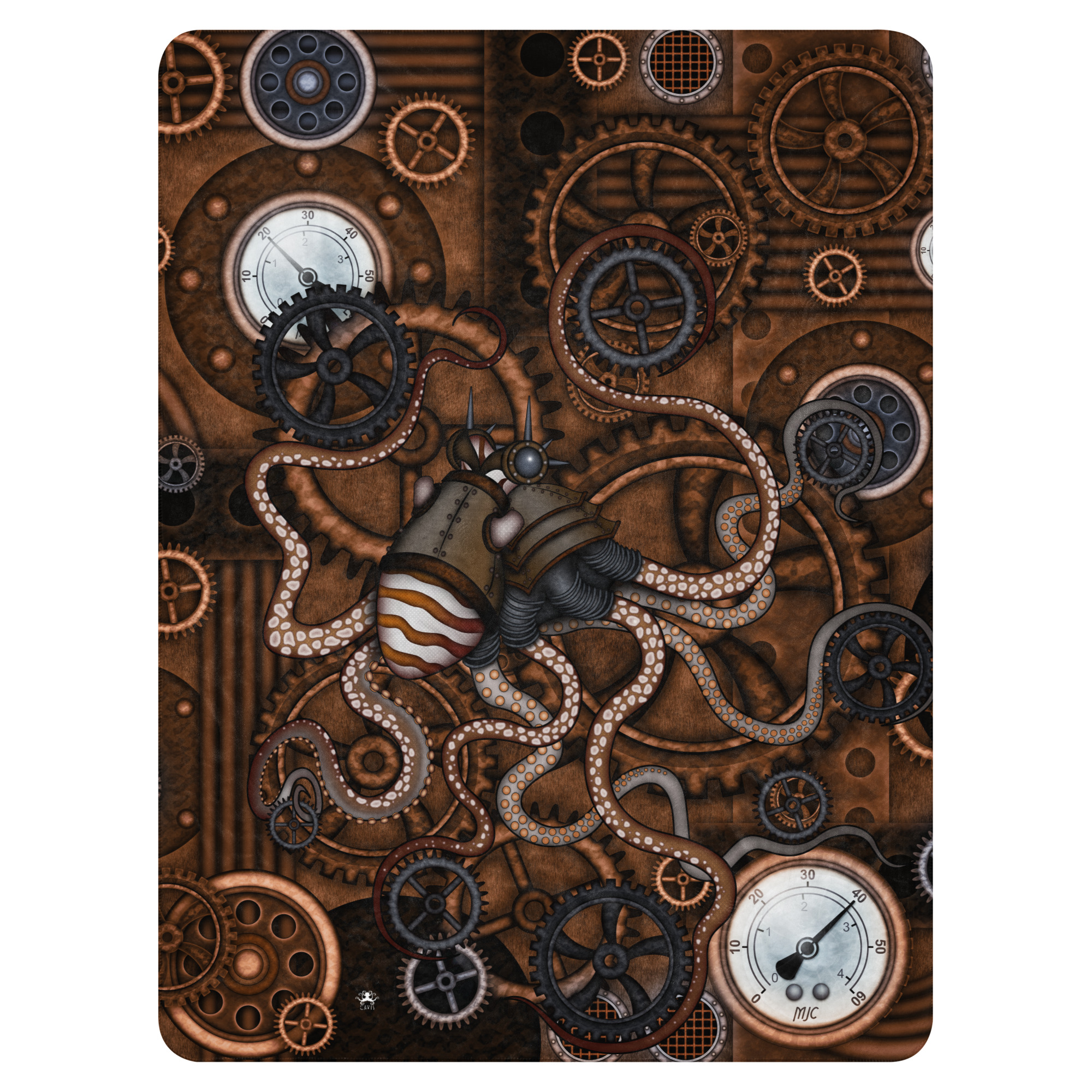 CAVIS a Steampunk Octopus (Copper) Sherpa blanket, Sea Life patterned Linens - Image 14