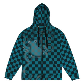 CAVIS Checkered Camouflage Octopus Unisex Zip Hoodie, Underwater 80's Nautical Jacket