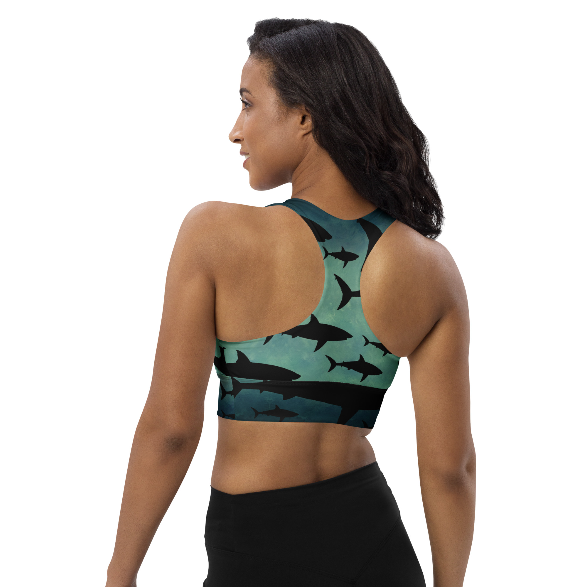 CAVIS Shark Pattern Longline Sports Bra, Alternative Nautical Swimsuit Top, Green Tankini - Image 4