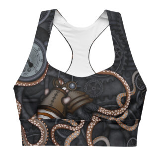 CAVIS Steam Punk Octopus Longline Sports Bra, Alternative Cosplay Swimsuit Top, Nautical Tankini